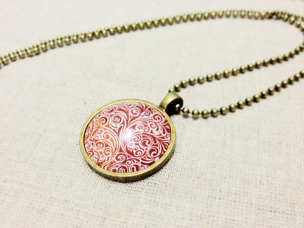 Red Floral Necklace, Red Ornament, Domed Glass Cabochon Image Necklace