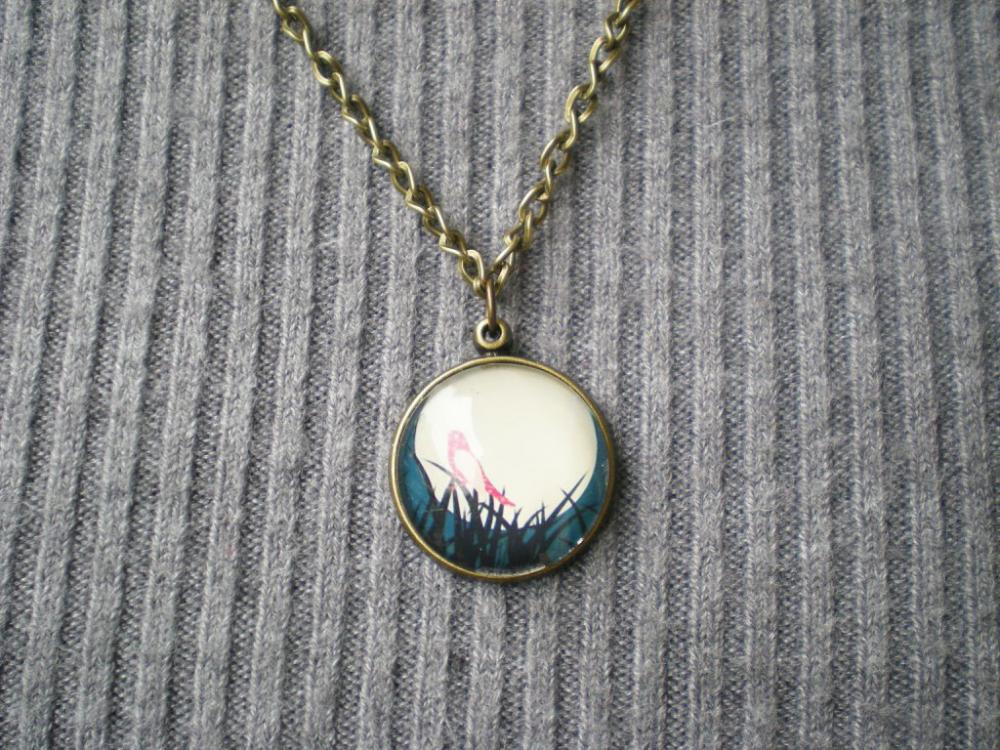 Bird & Moon Necklace, Graphic Pendant with Cabochon, Handmade