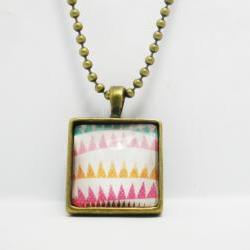 Square Charm Necklace, Colorful Flags, Antiqued Brass Necklaces with Glass Cabochon