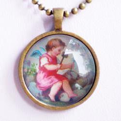 Little Angel Necklace, Tiny Angel Playing with Stone, Vintage Image Accessory