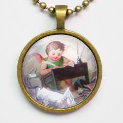 Angel Illustration Necklace, Vintage Angel Picture, Baby Angel Writing Letters